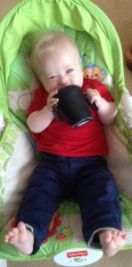 lucas drinking from his pengion haberman anywayup cup