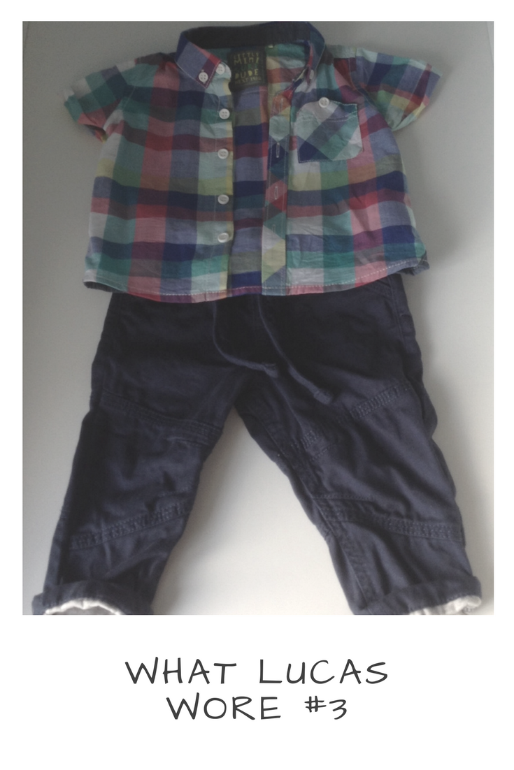 Baby boys pink, green, blue and white checked short sleeve shirt and navy blue chino's