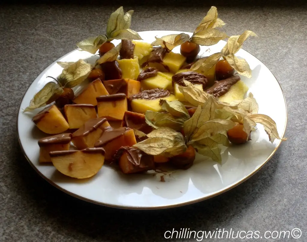 fruit cut up on a plate with chocolate drizzled over