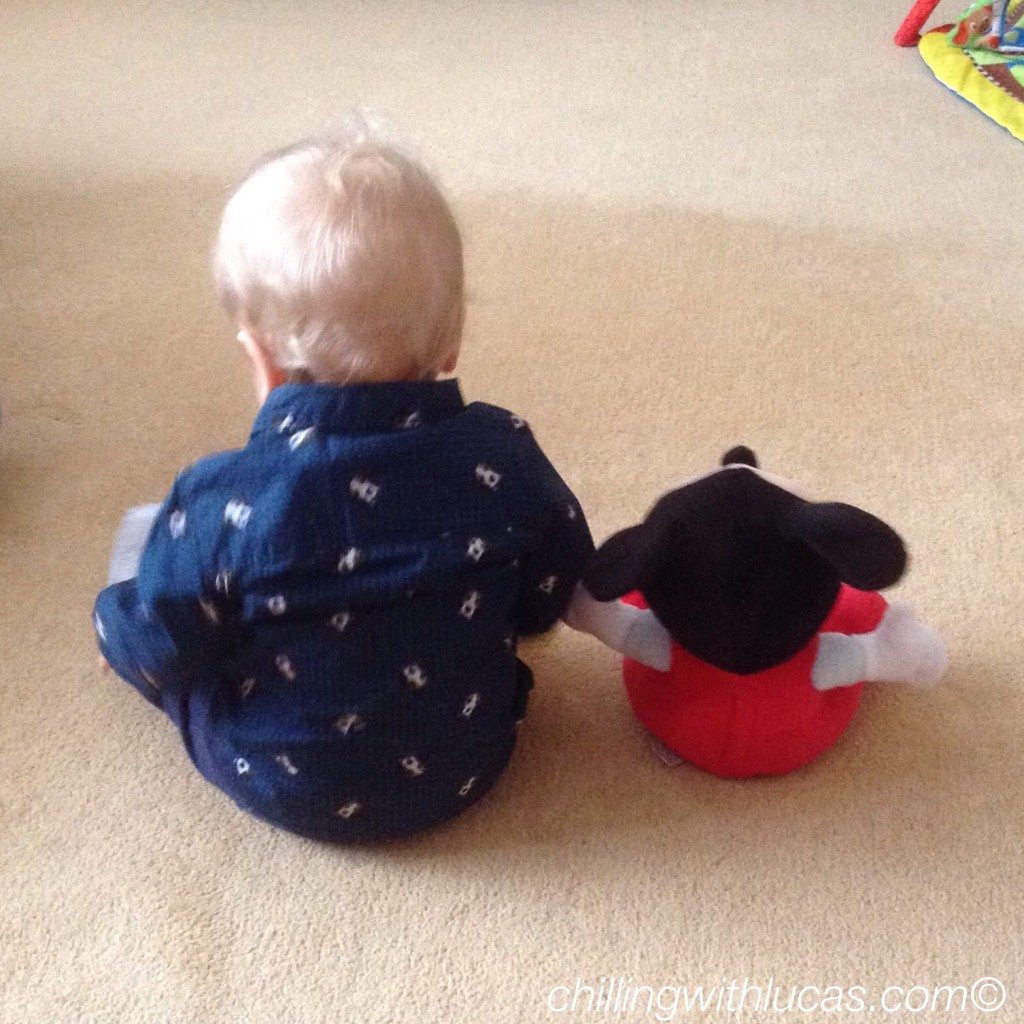 Lucas sat with his back to me. He is a blonde haired toddler wearing a navy shirt. Next to him is mickey mouse teddy