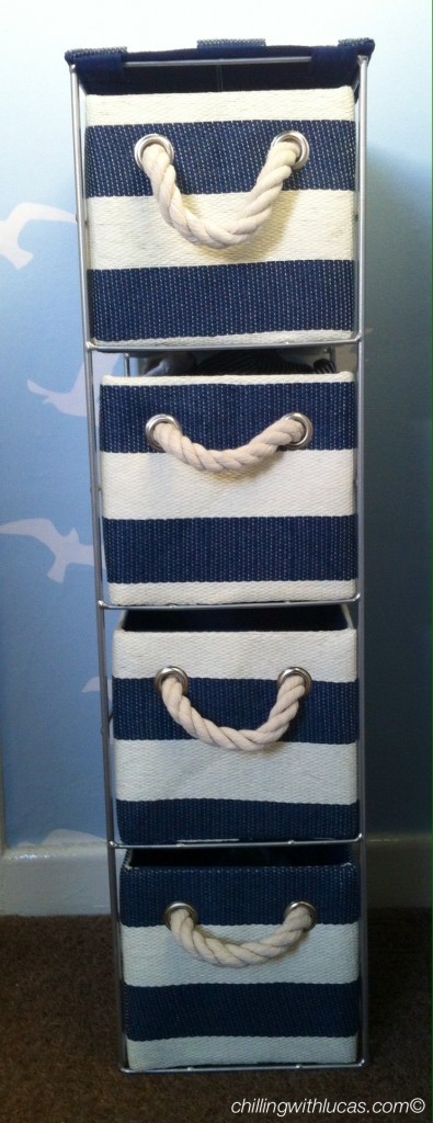 Nursery ideas blue and white stripy canvas drawers