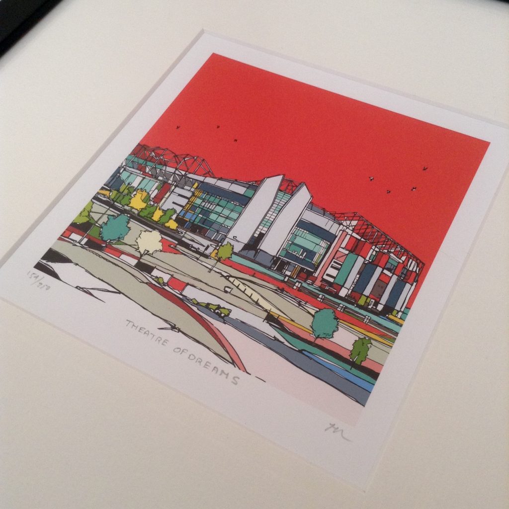 Urban colours art review. A hand drawn picture of the stadium of dreams, Manchester United. A bold red sky with striking blacks lines outlining the stadium with blocks of white, yellow and blue to infill the stadium