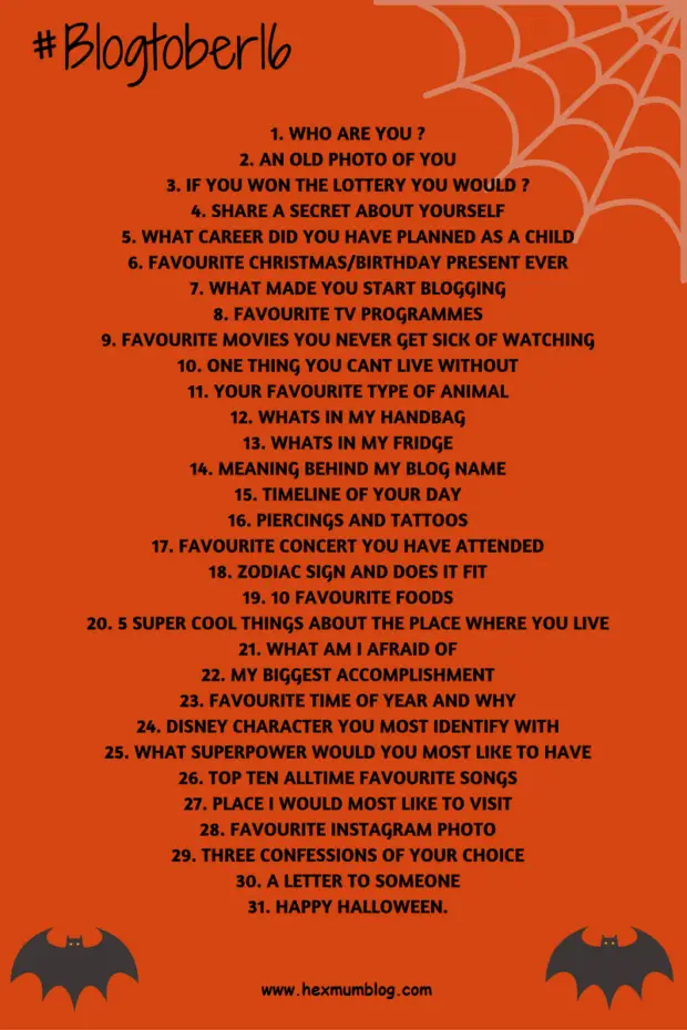 Blogtober. List of questions for bloggers to answer. Black writing on orange background