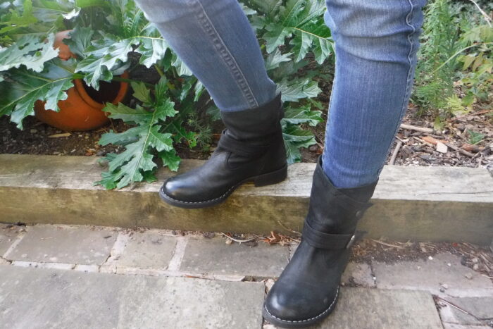 Lotus Lilian Ankle Boots Review. black leather boots with military strap detailing and white stitching