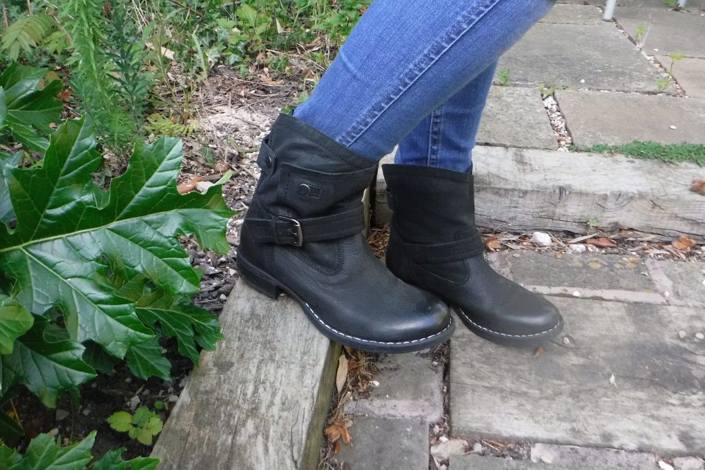 Lotus Lilian Ankle Boots Review. black leather boots with military strap detailing and white stitching