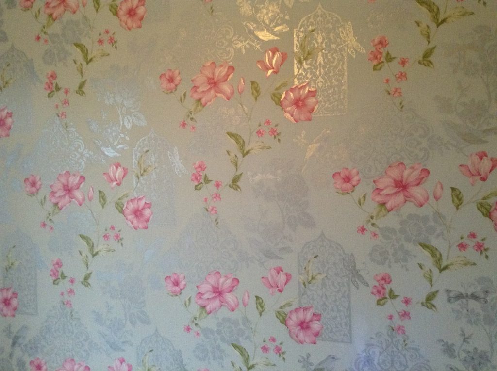 bedroom makeover, crown powder blue and cherry pink floral wallpaper with silver etched birds and glitter details