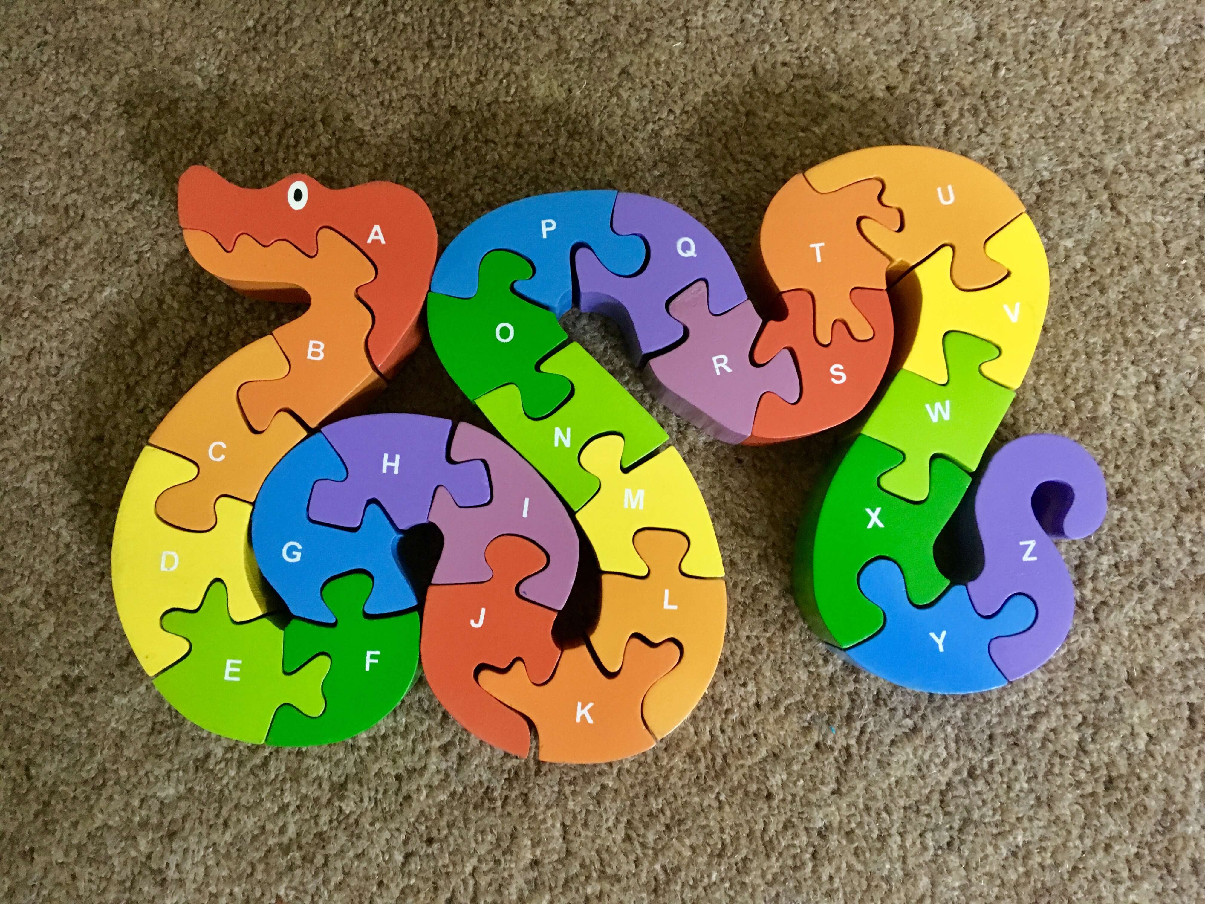 Wooden toys brightly coloured alphabet snake puzzle sri toys