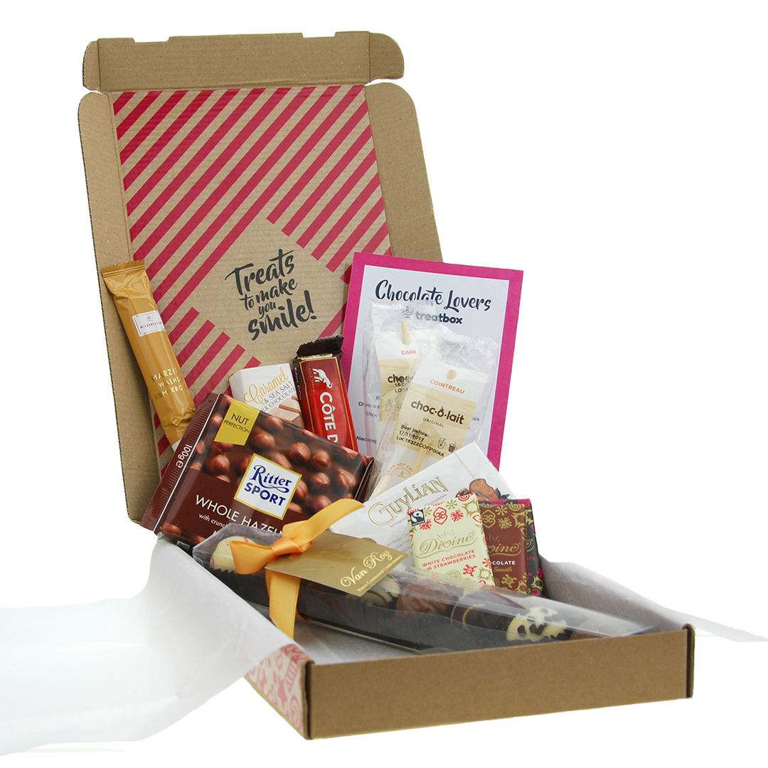 Valentines gift idea a cardboard box of a variety of chocolate bars