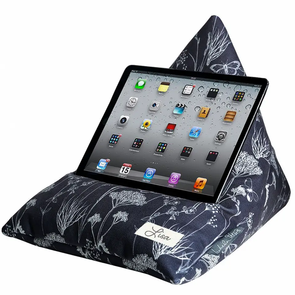 Valentines gift ideas a blue ipad beanbag stand with white floral pattern. The ipad is stood on it