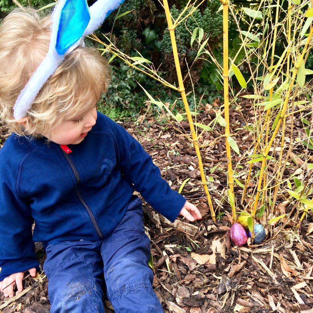 Easter egg hunt Lucas is sat wearing a navy fleece and navy pants. He also has white and blue bunny ears on his head. He is about to grab one of the eggs hidden in the tree
