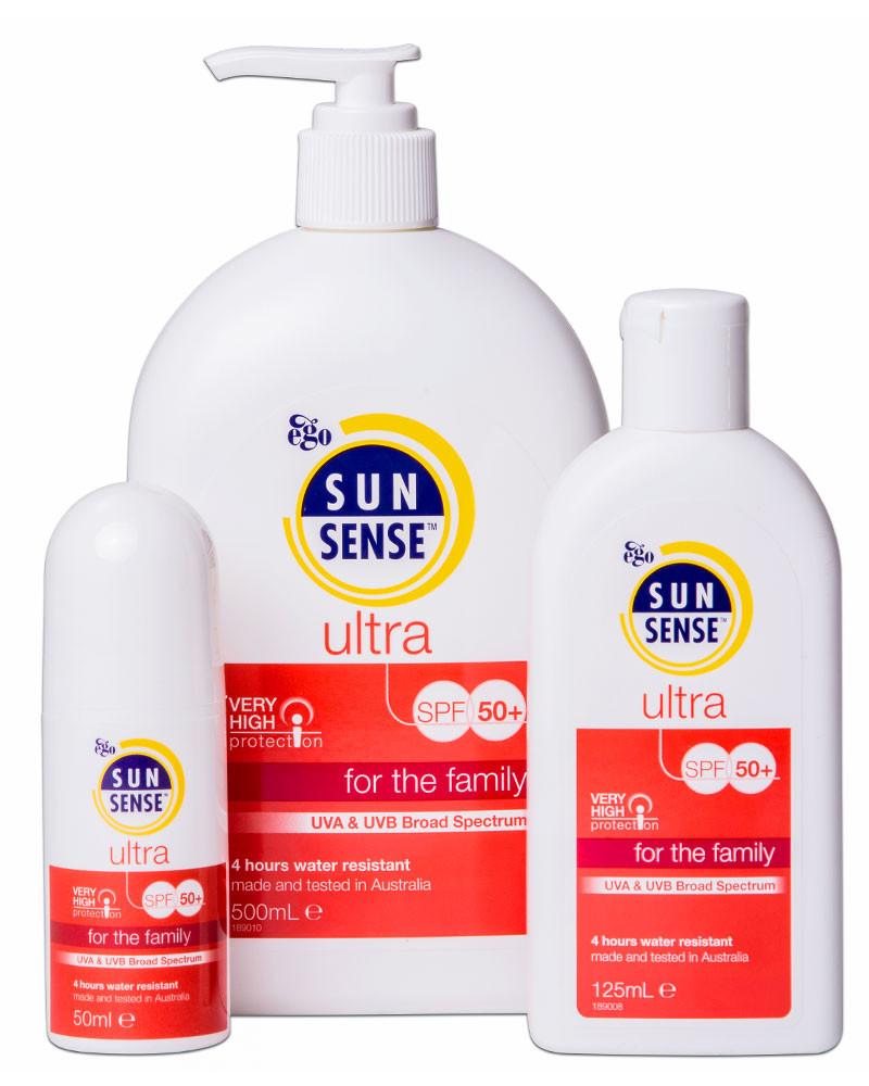 SunSense ultra bottles and roll on. Red and white packaging