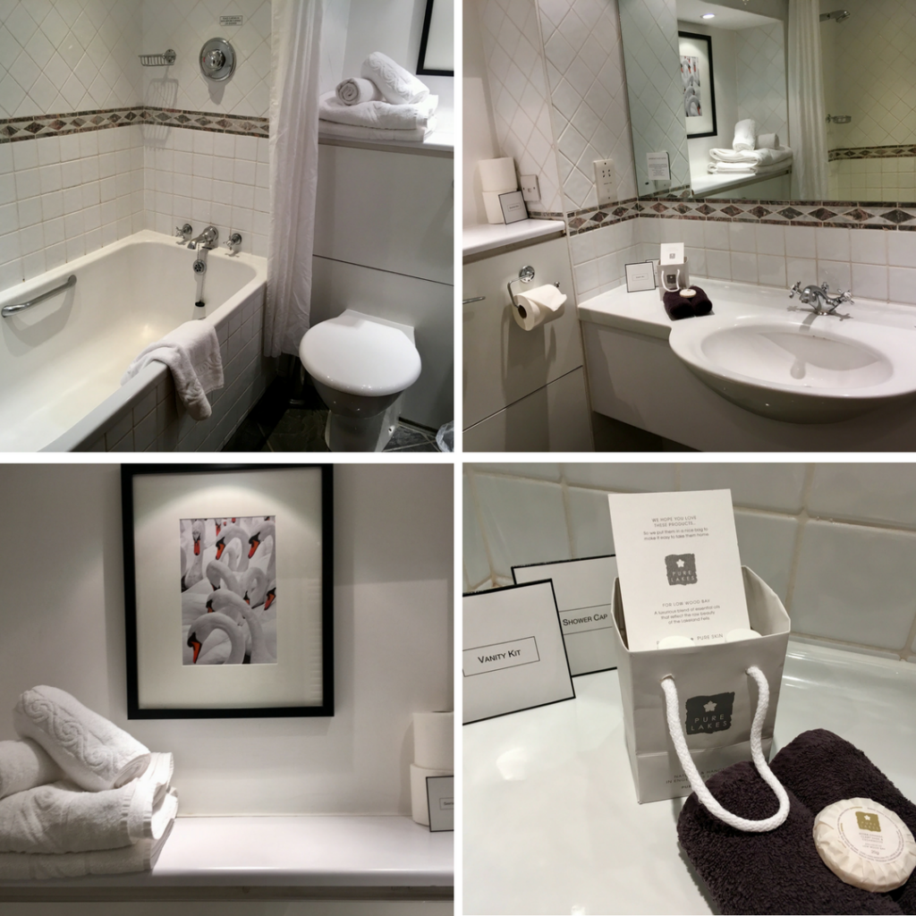 Low Wood Bay, Windermere review. A collage of 4 photos showing the bathroom. White tiles and towels, dark details on the tiles. A swan picture