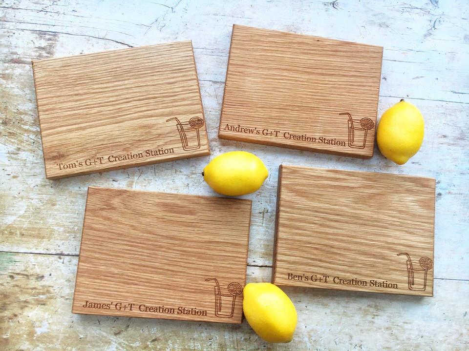 fathers day gift idea. 4 wooden chopping boards personlaised for gin and tonic