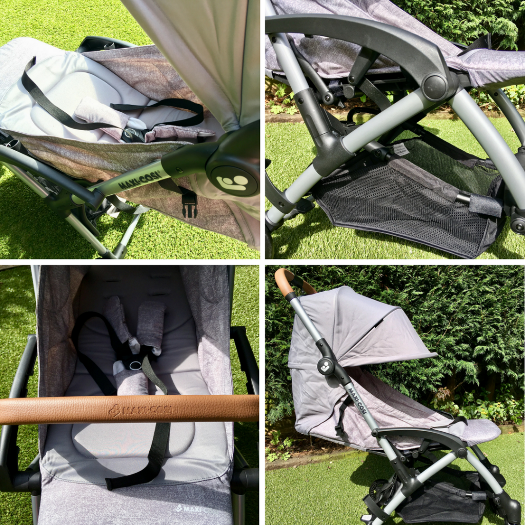 Maxi-Cosi Laika review a collage of 4 photos of the grey pram with green bushes and grass around