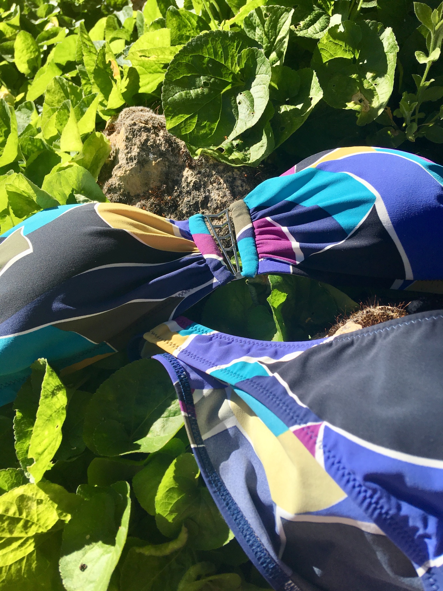 Summer essentials a photo of a bandeau bikini against rocks and greenery