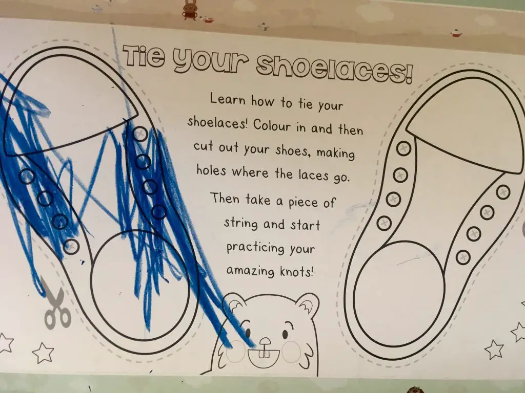 Children’s subscription box for only £1 The colouring activity, shoes to colour then cut out to learn tying shoe laces