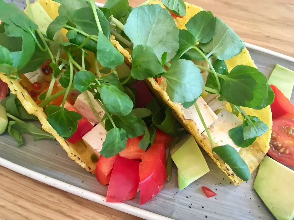 The Brasserie, Lancaster review. Tacos with salad piled on them on a grey plate
