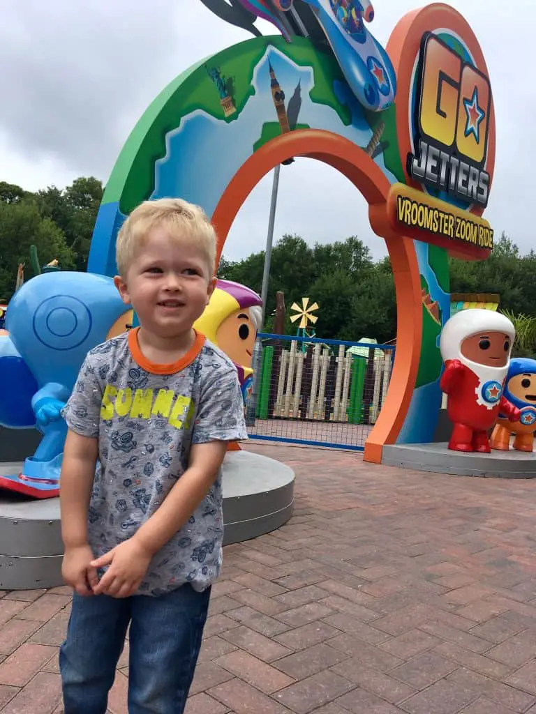 CBeebies Land, Alton Towers review. Lucas stood outside the octonauts ride entrance smiling
