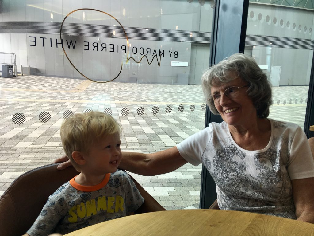Wheelers restaurant liverpool my Grabdma and Lucas day at the table looking at each other smiling 