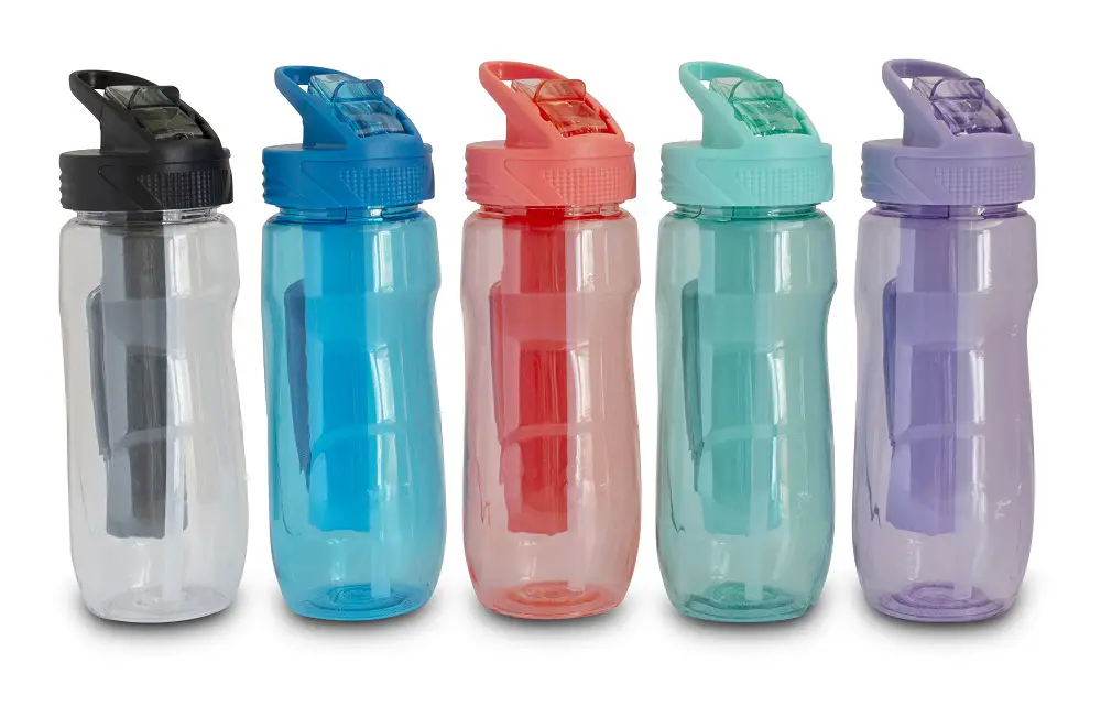 back to school, 5 different coloured water bottles