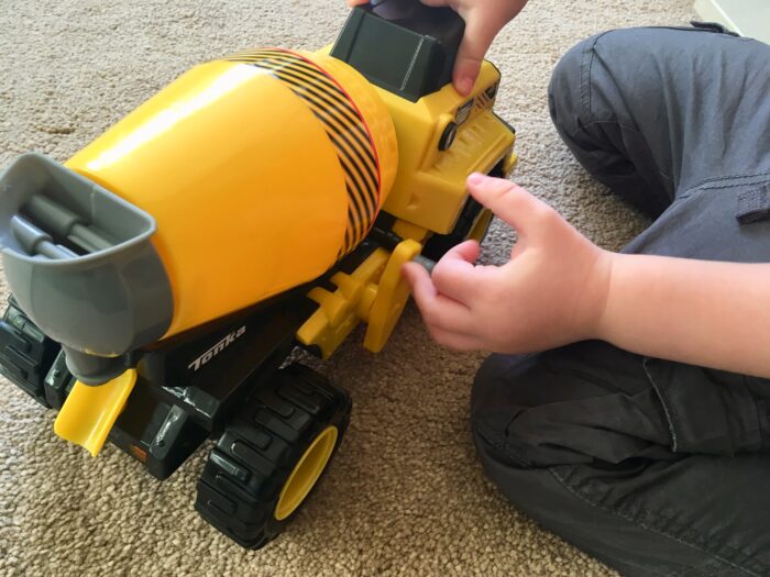 Tonka cement mixer review Close up of the mixer with lucas’ finger on the side of it