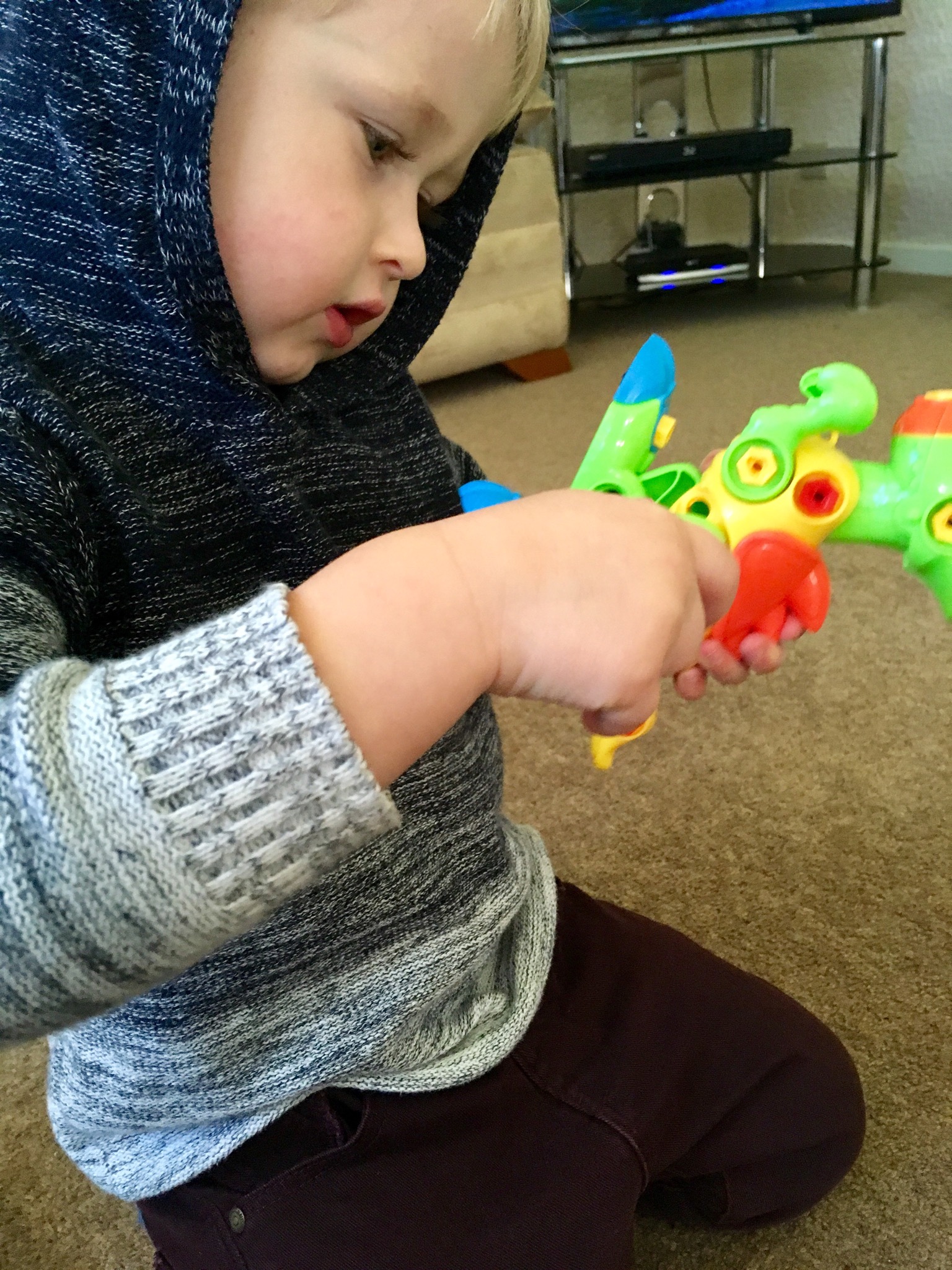 Staycation Lucas is looking at a dinosaur that he has put together with nuts and bolts
