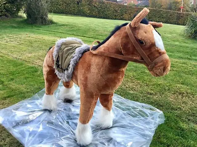 Organising a Christmas tree festival. Plush horse sit on pony