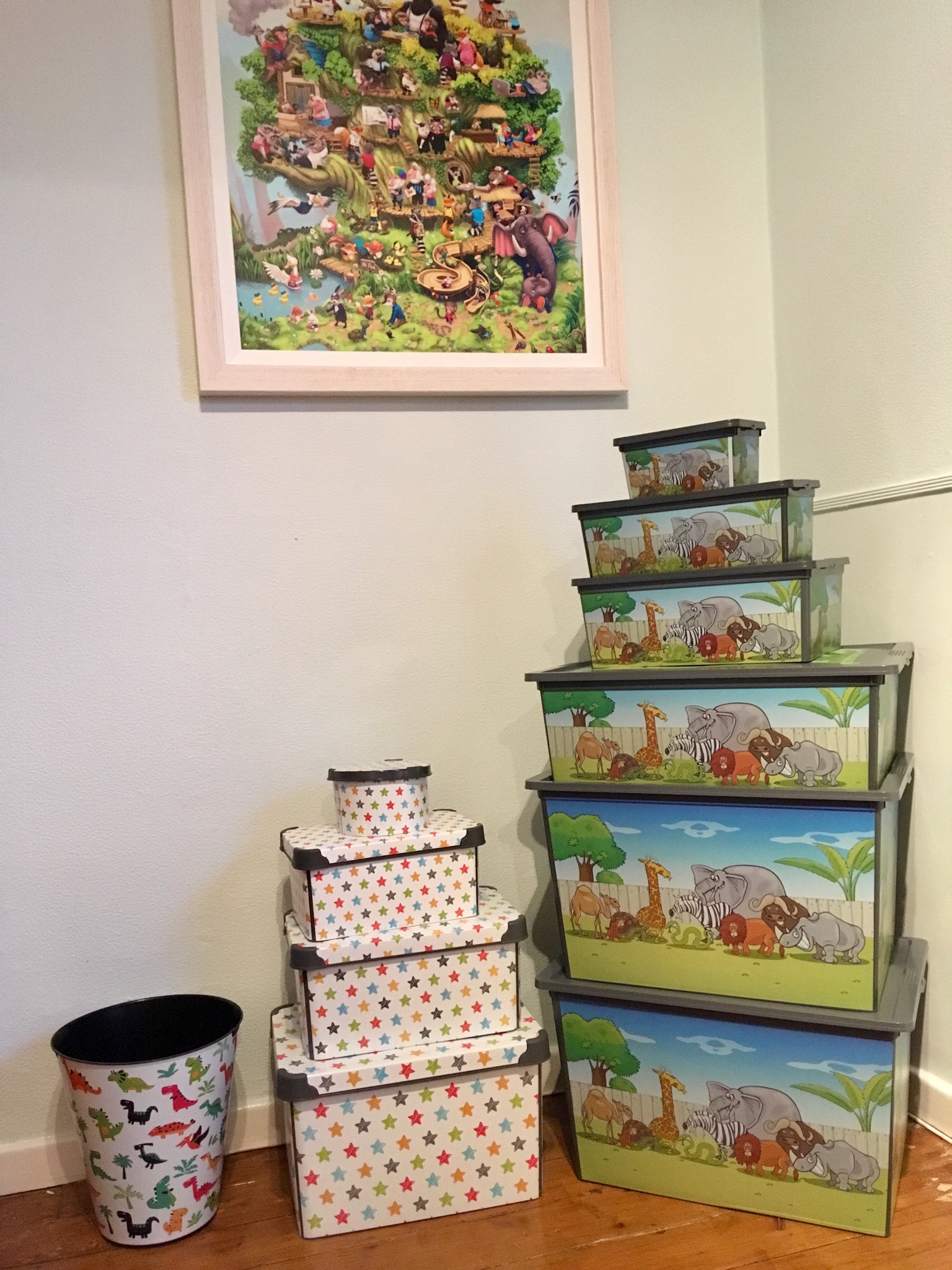 Getting organised for Christmas the store boxes in the corner of the room stacked up