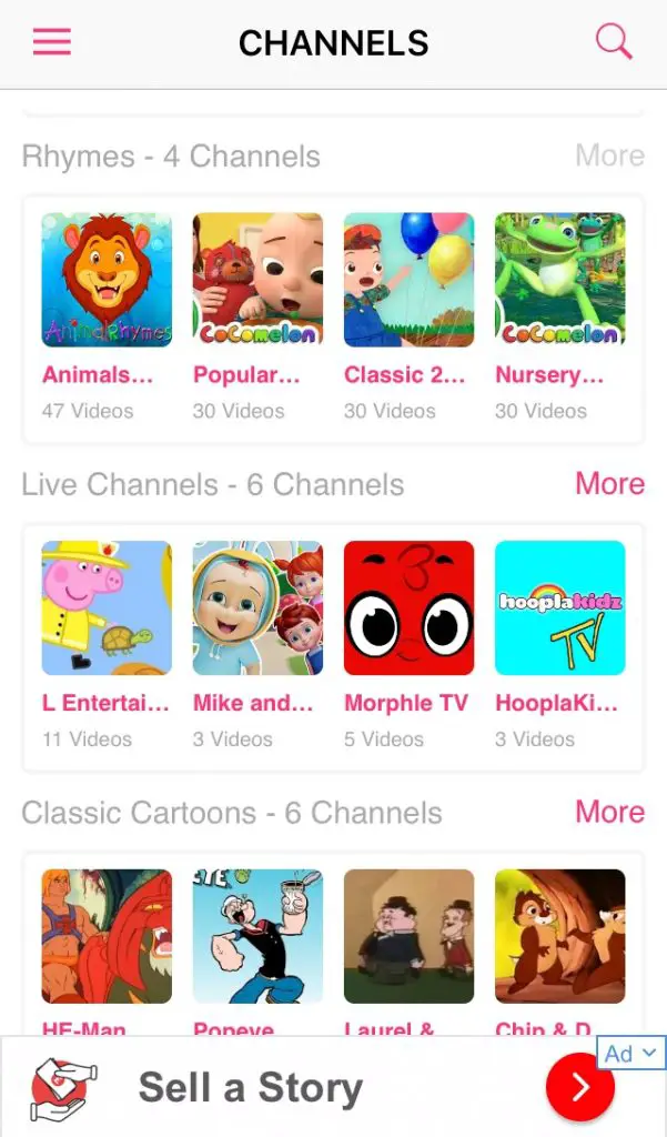 MooTV Kids app review Screenshot of various categories 
