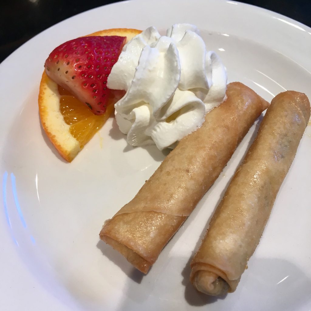 Sapporo Teppanyaki Manchester review. Chocolate rolls with squirty cream and fruit garnish 