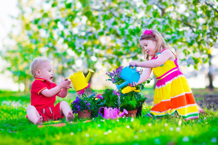 Kids gardening. Children playing outdoors. Little girl and baby boy, brother and sister, working in the garden, planting flowers, watering flower bed. Family in blooming fruit tree orchard. Summer vacation on a farm.