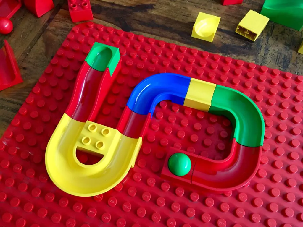 The marble run on a red duplo base