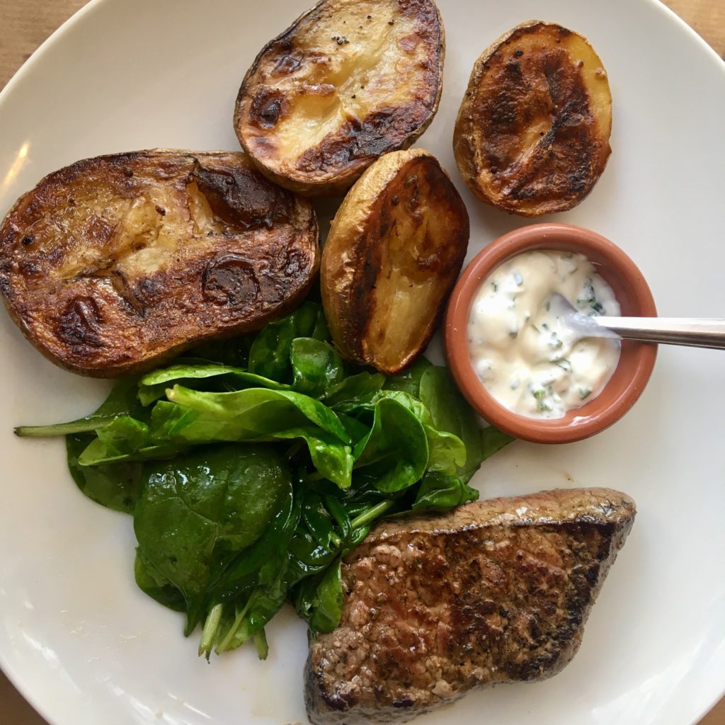Steak, potatoes and spinach