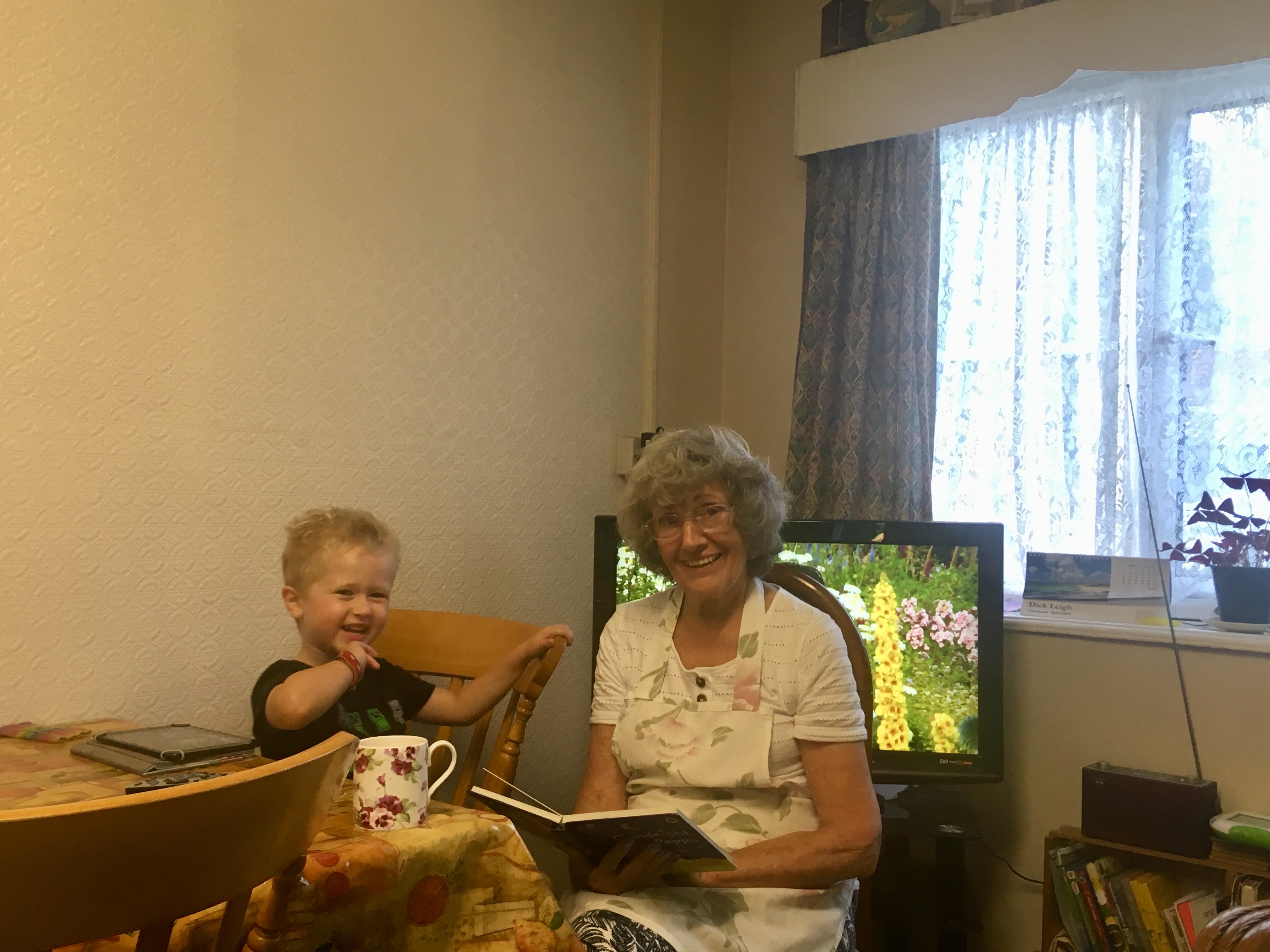 Lucas and grandma sat at the table reading