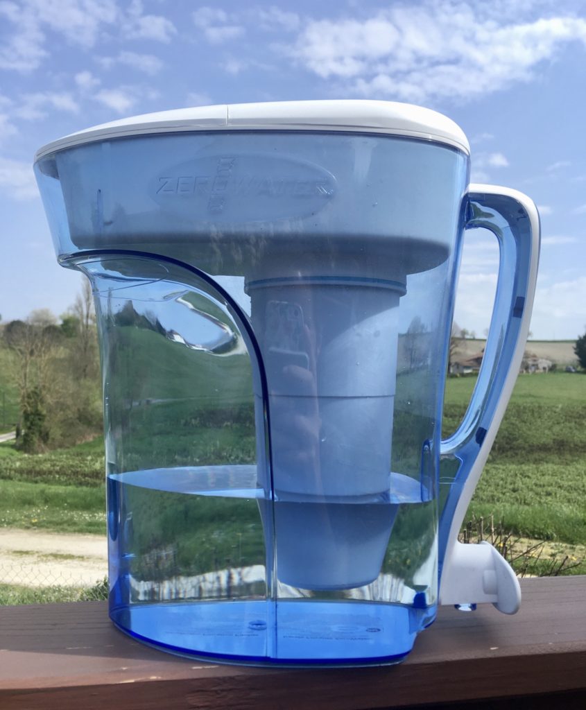 ZeroWater filter jug half filled with water 