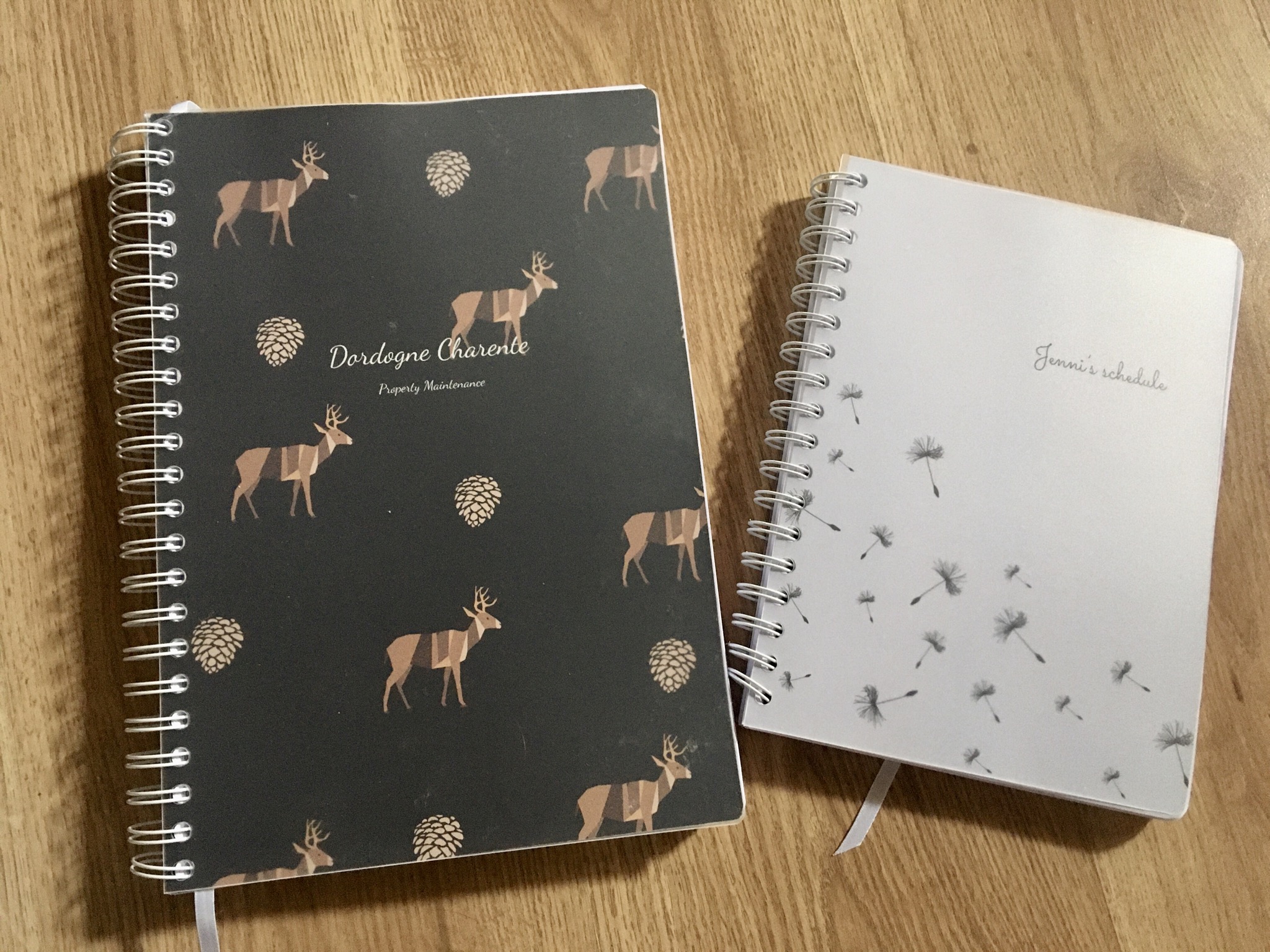 2 diaries from Toad Diaries. One is white with dandelions on and smaller than the A4 one next to it which is black with deer on