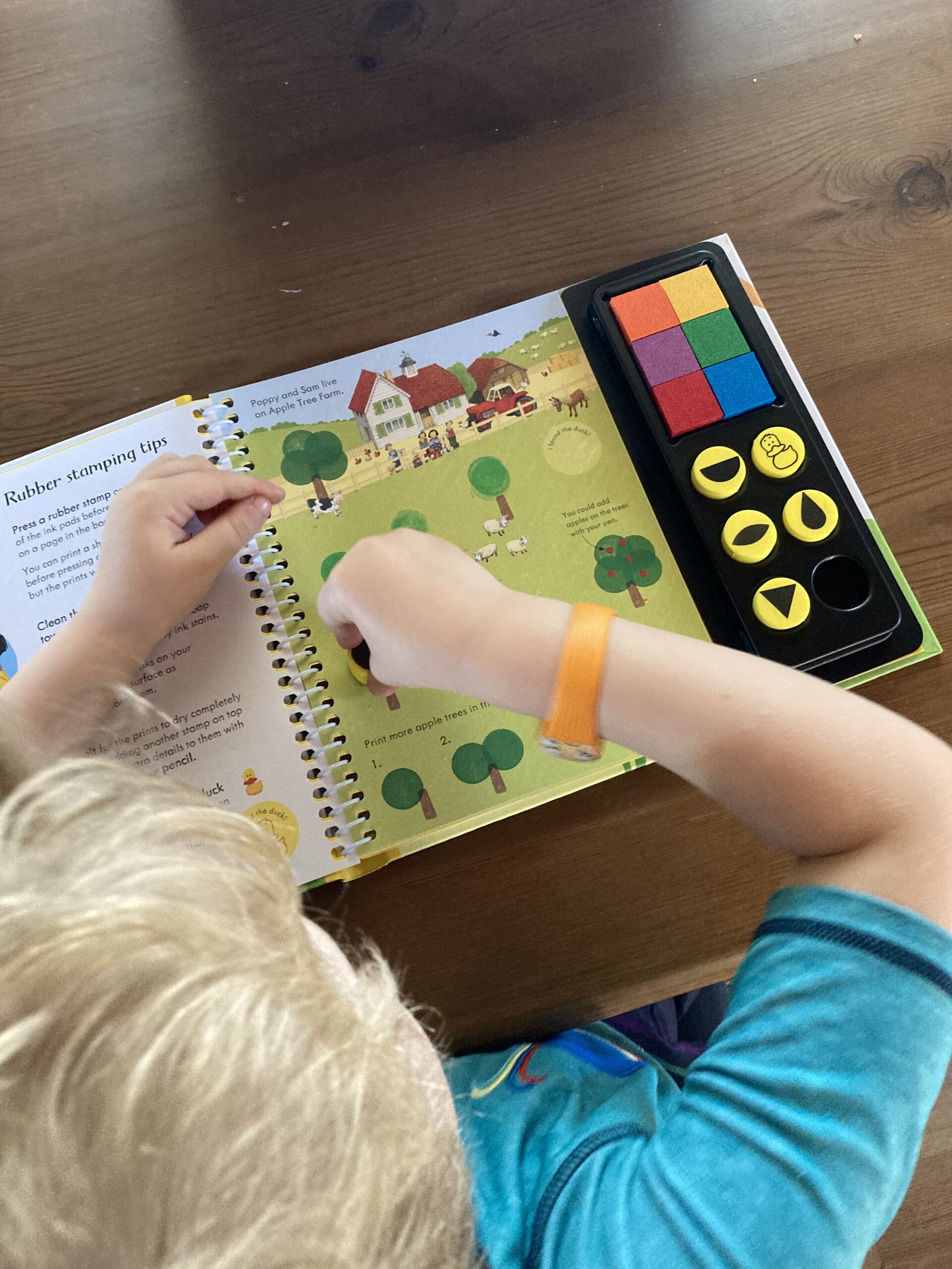 A photo taken behind Lucas over his shoulders showing him stamping into a field page