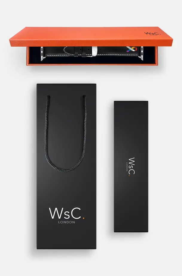 The watch strap co genuine leather black Apple Watch strap with stainless steel clasp and black watch box