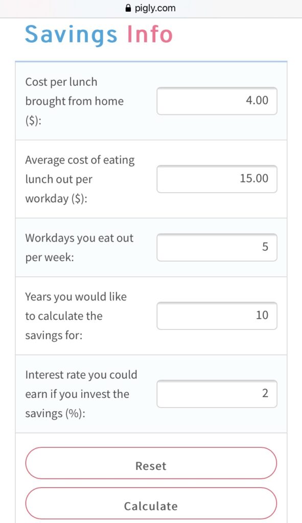 Pigly calculator to work out how much you can save by taking lunch to work for easy way to save money as a working parent