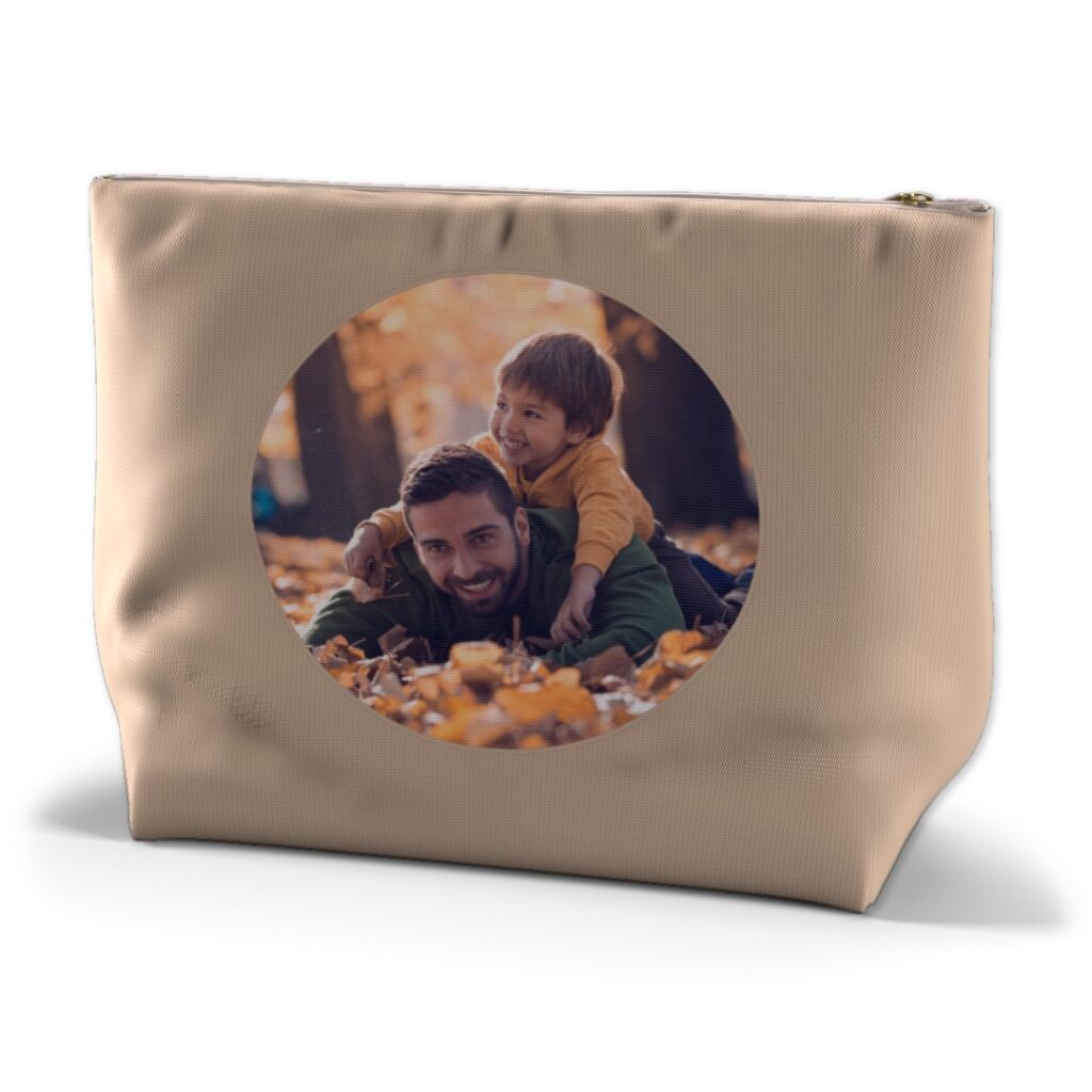 wash bag with a photo of a man and child 