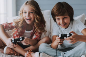 2 children playing on a video game