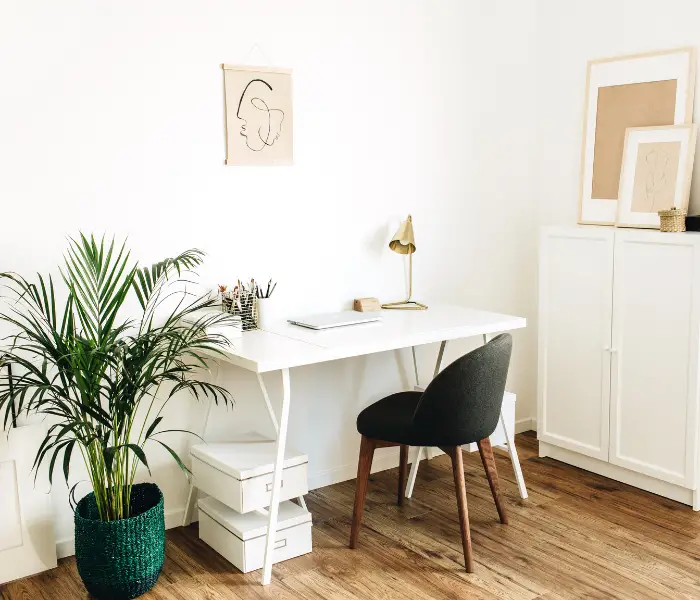 a white desk with a brown chair and plant next to it in a home office 