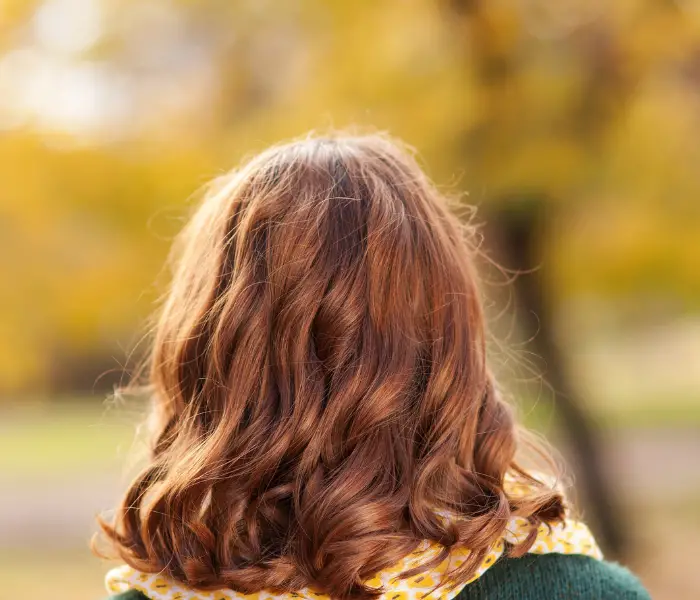 the back of a ladies head with aubern hair and the background is autumn trees