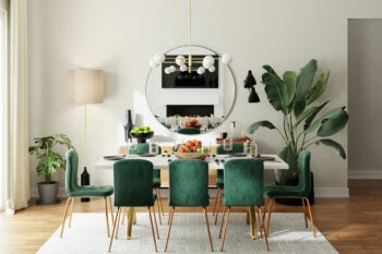 green and white wooden dining table and chairs