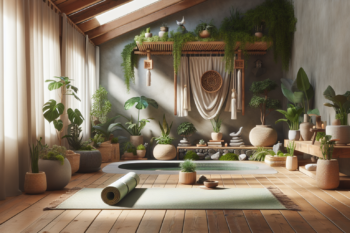 A serene indoor yoga room filled with greenery, natural light, and zen-inspired decor perfect for relaxation and meditation.