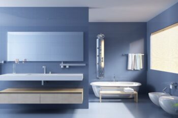 large bathroom with a double sink and freestanding bath
