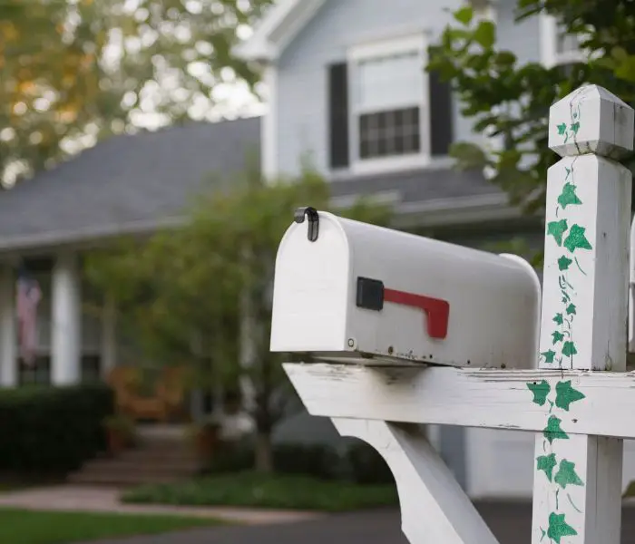 mailbox on white post with green leaves painted