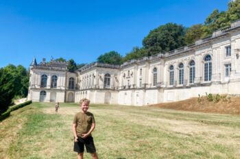 lucas stood outside chateau de la mercerie in charente france