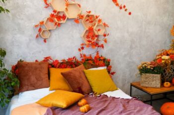 autumn themed bedroom, orange and purple colours. canva pro license