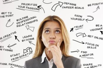 lady with writing all around her with motivational messages about work